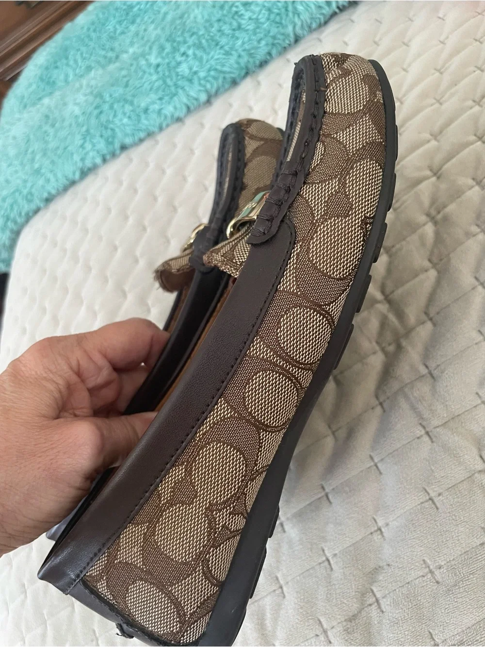 Coach Brown Signature Canvas Moccasins with Gold Plaque